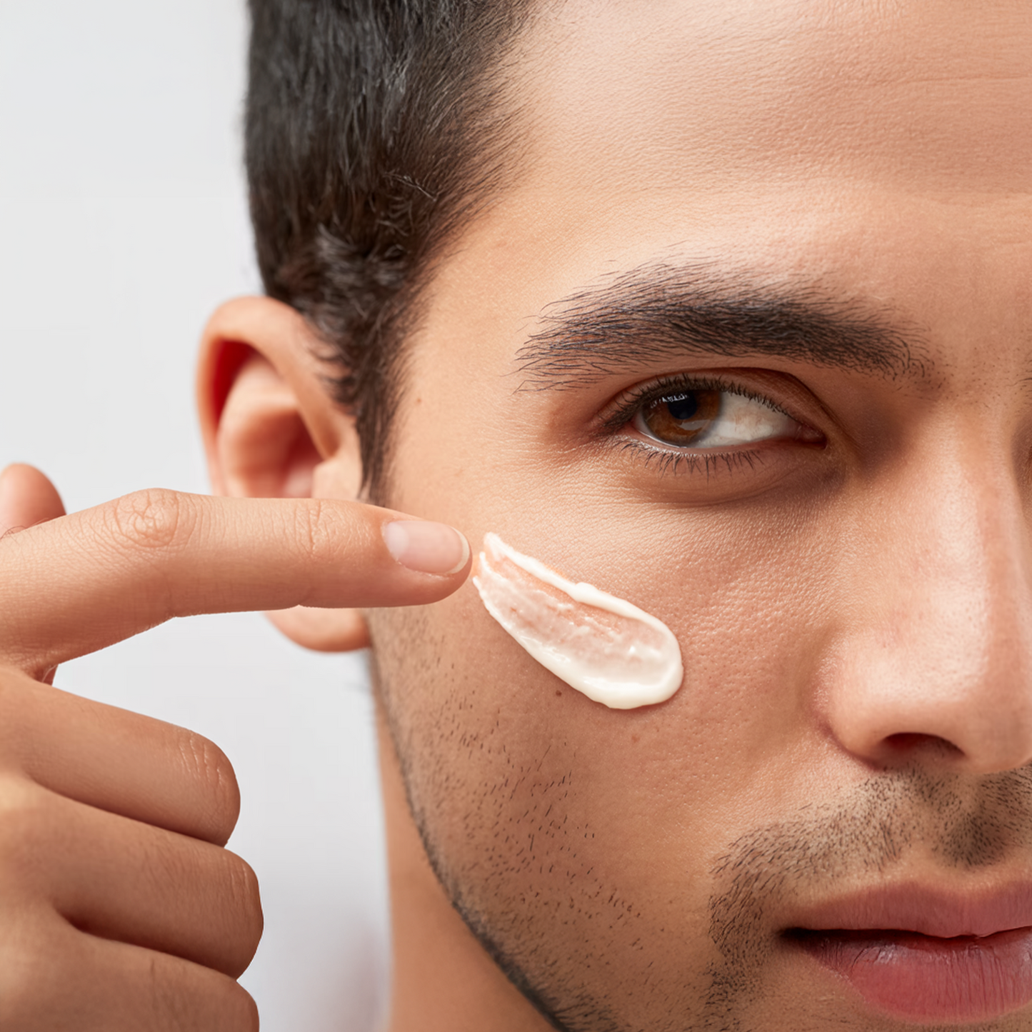 Man applying hydrating face cleanser on his cheek for smooth, radiant skin.
