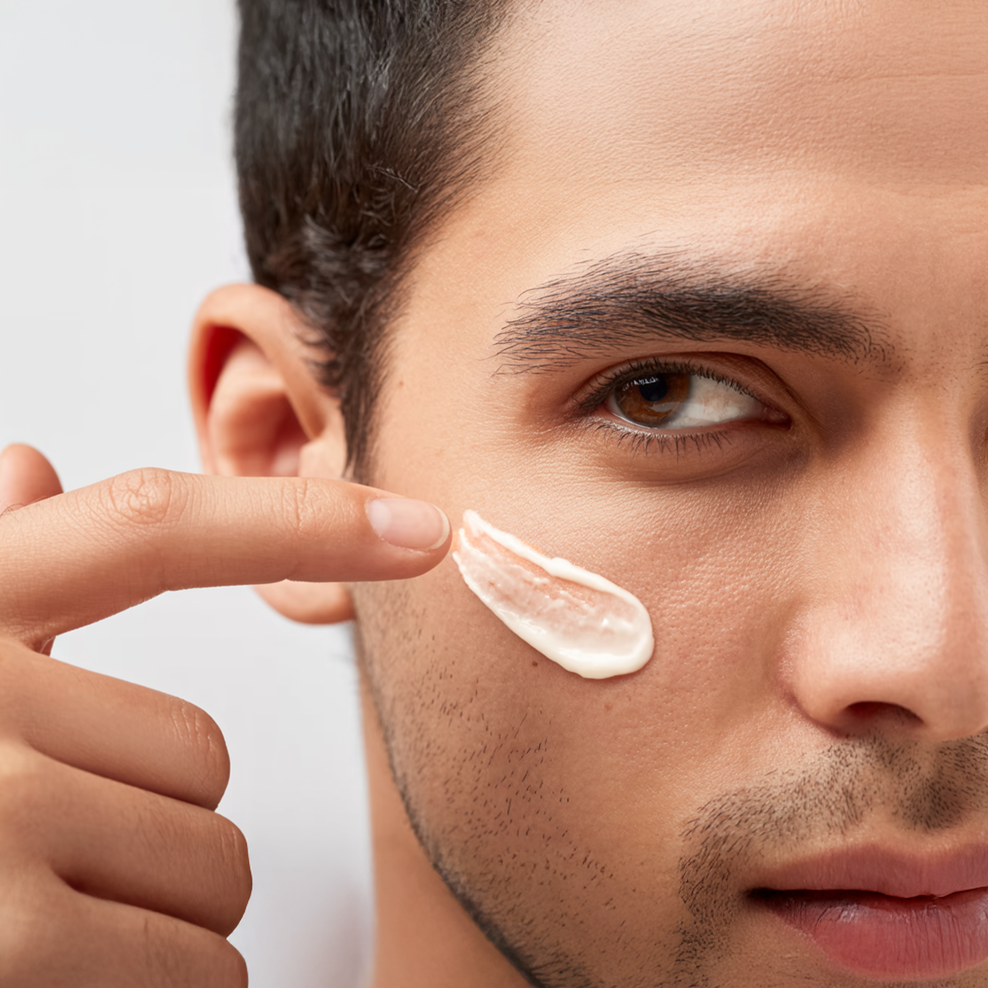 Man applying hydrating face cleanser on his cheek for smooth, radiant skin.