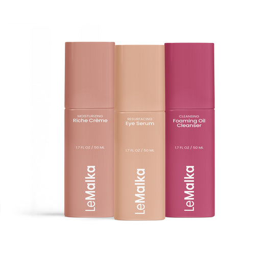 Clean beauty skincare bundle with moisturizer, eye serum, and foaming oil cleanser.